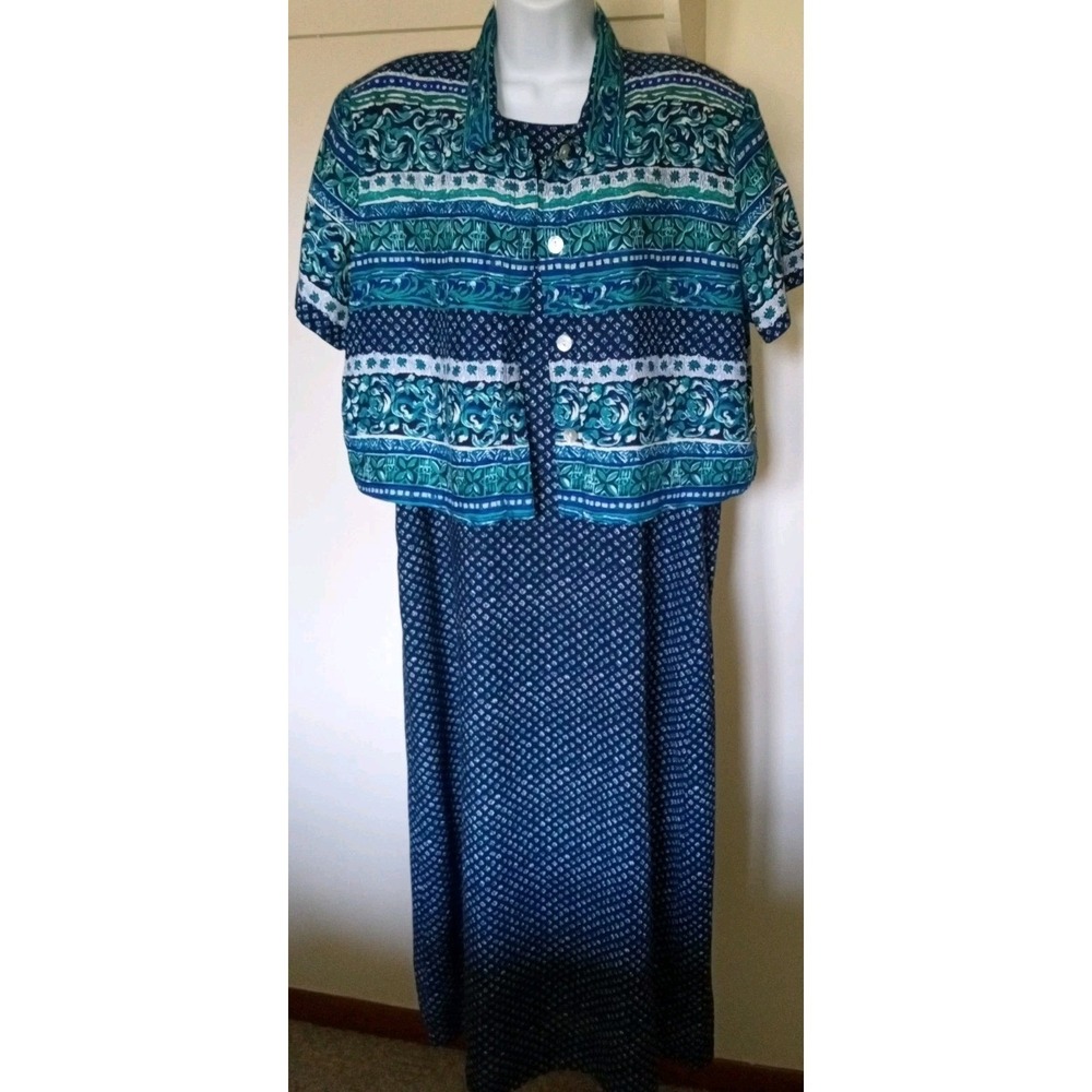 Worthington‎ Vintage Blue Teal Geometric Print 2 Pc Dress and Shirt Set Size 16